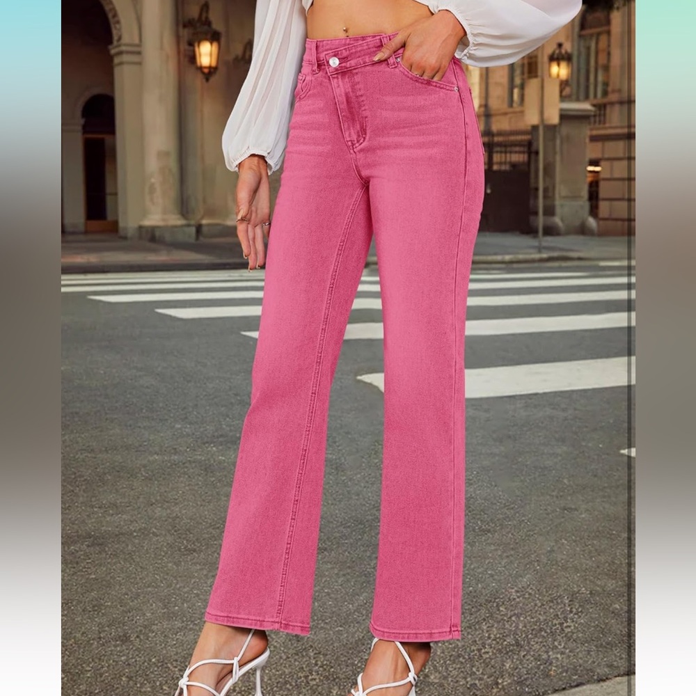 NWT Women's Pink High Waisted Crossover Jeans Wide Leg Stretchable Casual Size 8 - Picture 2 of 16